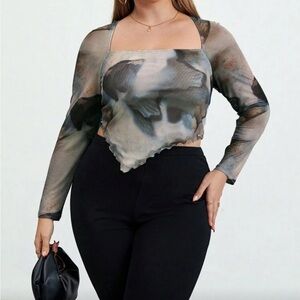 ✨ 3/$30 ✨ SHEIN 0XL Grey Abstract Print Asymmetrical Mesh Long Sleeve Top NWOT